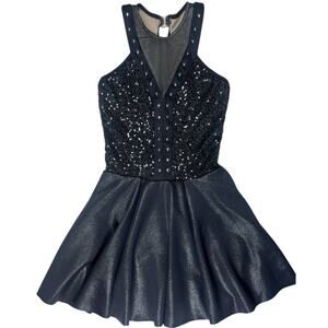 Weissman XSA Black Sequin Dance Costume Skater Dress Mesh Studded Halter Leotard